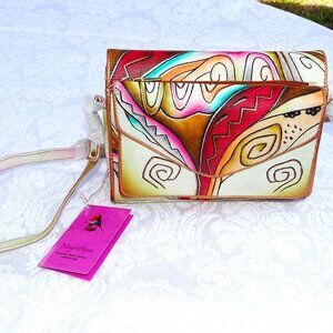 Cross Body Purse Hand Painted Leather Multi Pockets 7 1/2" x 5 1/2" x 3 1/2"